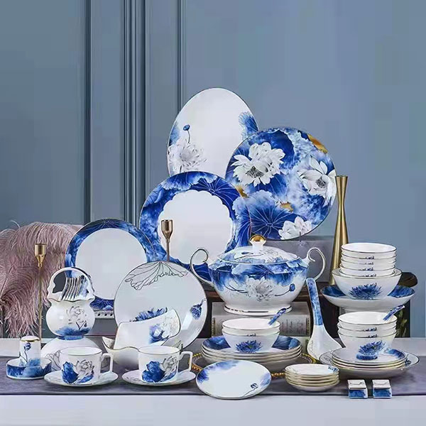 77-piece Golden Rimmed Lotus Bone China Dinnerware