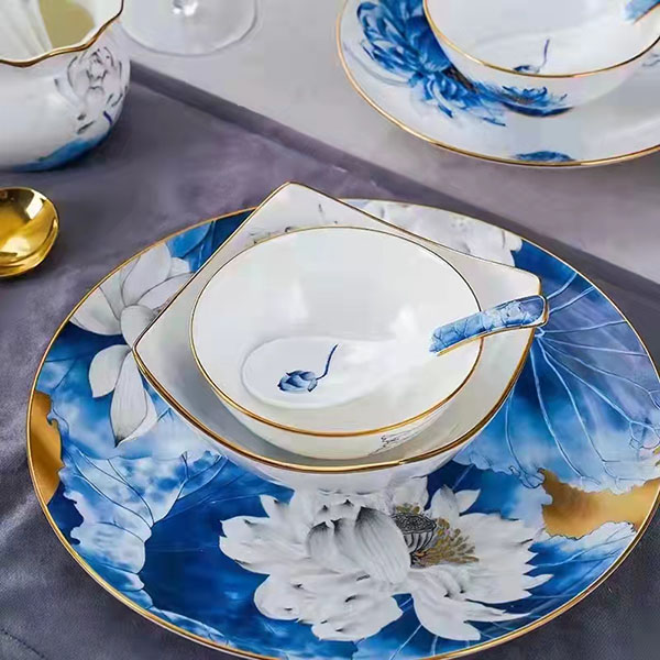 77-piece Golden Rimmed Lotus Bone China Dinnerware