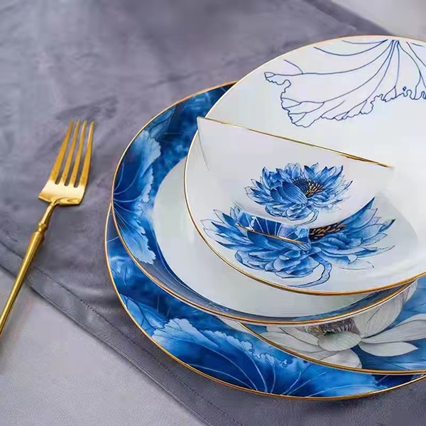 77-piece Golden Rimmed Lotus Bone China Dinnerware
