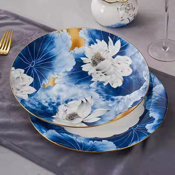 77-piece Golden Rimmed Lotus Bone China Dinnerware