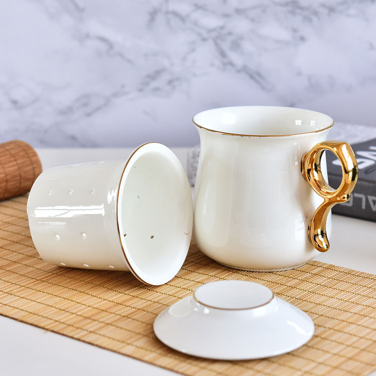 Golden Handle Bone China Tea Strainer Covered Cup
