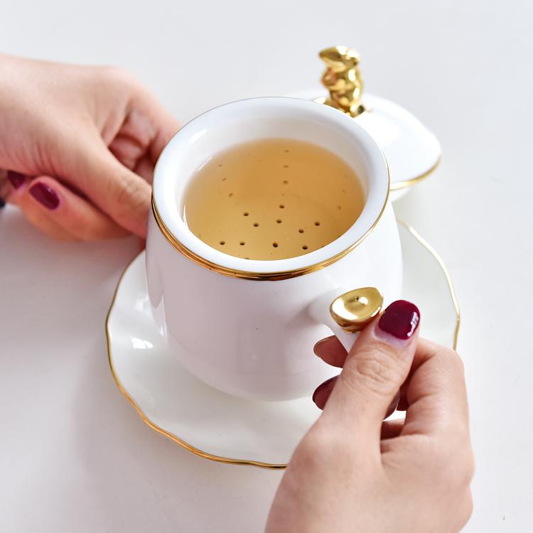 Golden Mouse Bone China Tea Strainer Covered Cup