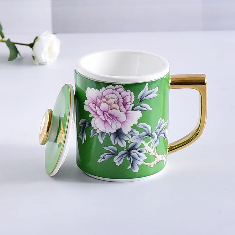 Green Glazed Flower Bone China Tea Strainer Covered Cup