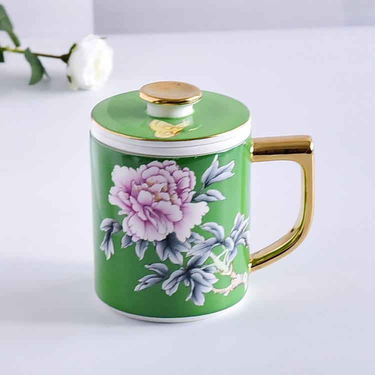 Green Glazed Flower Bone China Tea Strainer Covered Cup