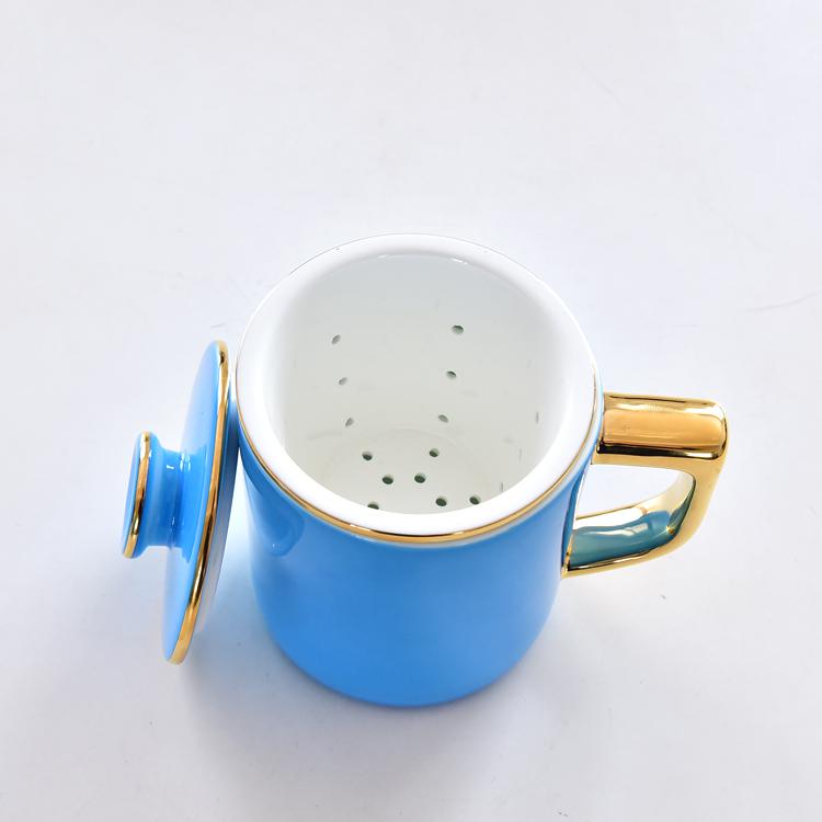 Color Glazed Golden Handle Bone China Tea Strainer Covered Cup