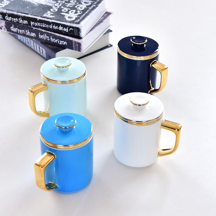 Color Glazed Golden Handle Bone China Tea Strainer Covered Cup