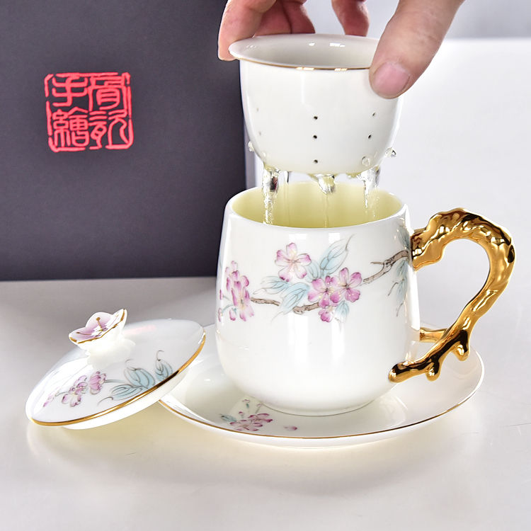 Hand-drawing Bone China Tea Strainer Covered Cup 2