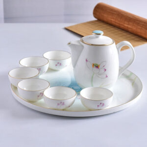 Hand-drawing Golden Rimmed Bone China Tea Set with Tea Tray