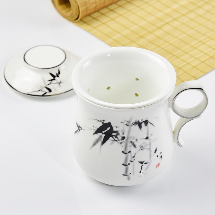 Ink Bamboo Bone China Tea Strainer Covered Cup