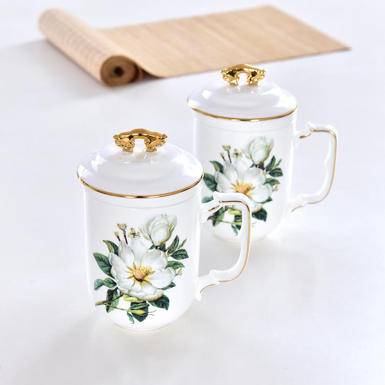 Kapok Flower Bone China Tea Strainer Covered Cup
