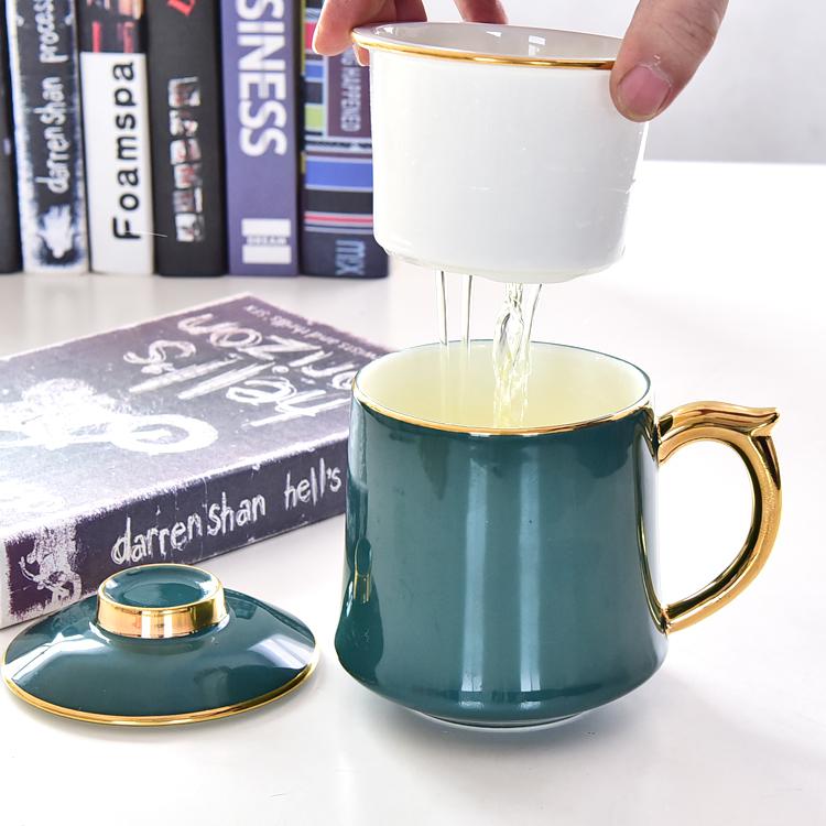 Large Green Glazed Golden Handle Bone China Tea Strainer Covered Cup