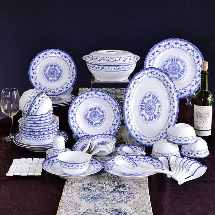 Blue and White 51-piece Porcelain Dinnerware Present Suit