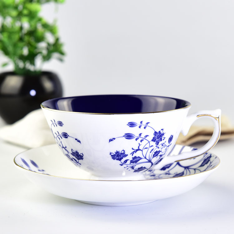 Blue and White Bone China Coffee Cup and Saucer