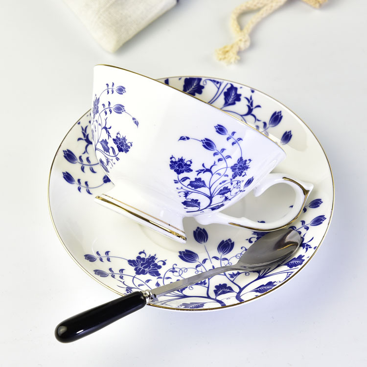 Blue and White Bone China Coffee Cup and Saucer
