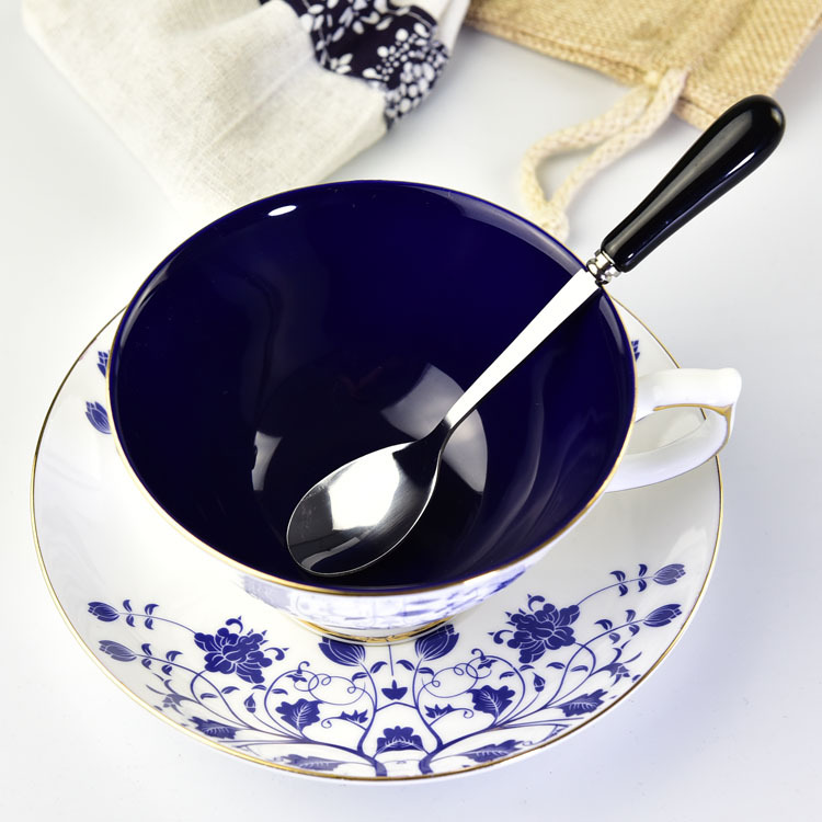 Blue and White Bone China Coffee Cup and Saucer