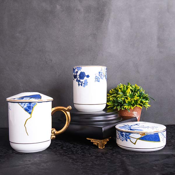 Blue Flower Bone China Office 3-piece Suit