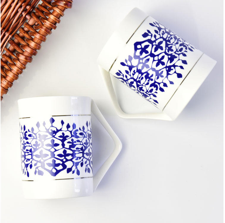 Creative Corner Handle Blue and White Porcelain Cup