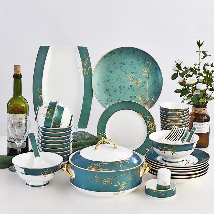 Customizable 46-piece Golden Bamboo Porcelain Dinnerware