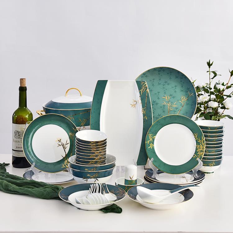 Customizable 46-piece Golden Bamboo Porcelain Dinnerware