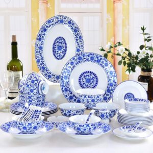 Customizable 50-piece Blue and White Porcelain Dinnerware Present Suit