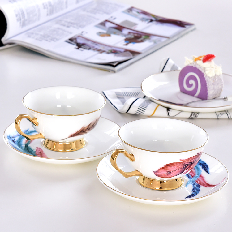 Wholesale Customizable Feather Bone China Coffee Cup and Saucer