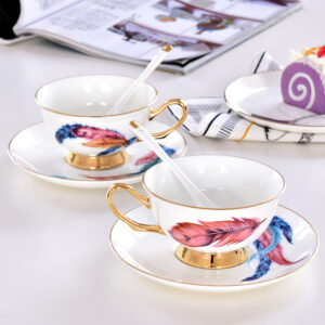 Wholesale Customizable Feather Bone China Coffee Cup and Saucer