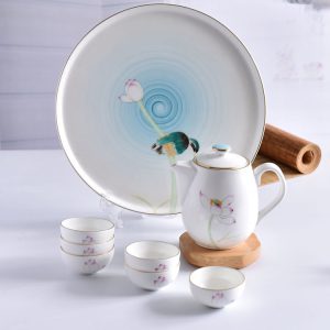 Golden Rimmed Hand-drawing Porcelain Tea Set with Tea Tray