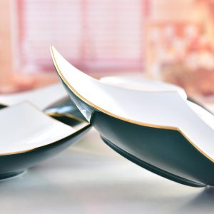 Porcelain Golden Rimmed Green Glazed Square Deep Soup Plate