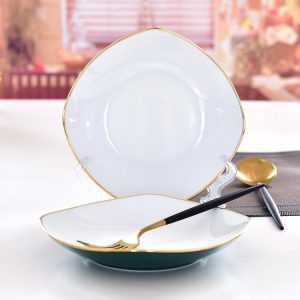 Porcelain Golden Rimmed Green Glazed Square Plate