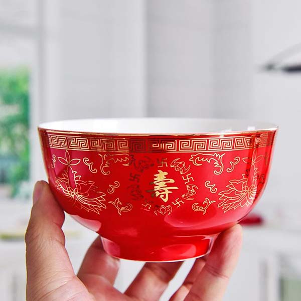 Red Glazed 4.5 Inch Porcelain Longevity Bowl Customizable Porcelain Dinnerware
