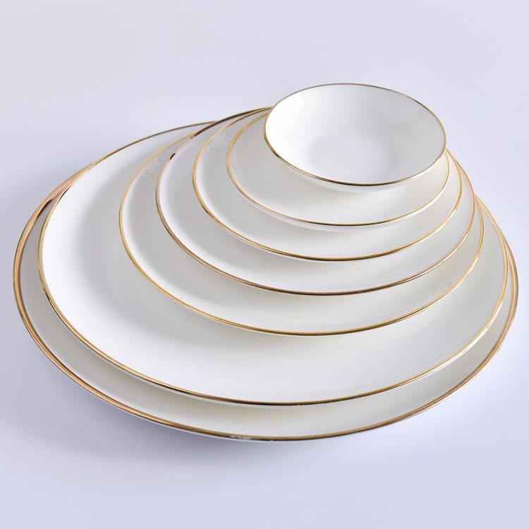 Wide Golden Rimmed Moonlight Porcelain Plate Customizable Porcelain Dinnerware